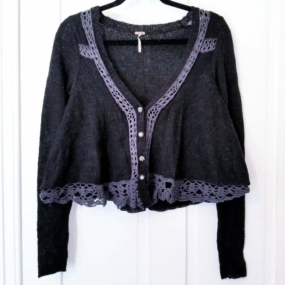 Free People Crochet Trim Jewel Button Cardigan